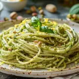 Spaghetti généreusement enrobés d'un pesto pistache vibrant, garni de pistaches concassées et d'une feuille de basilic frais.