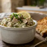 Un bol de rillettes de maquereau, garni de ciboulette et d'une tranche de citron, servi avec des toasts grillés.