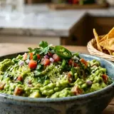 Un bol de guacamole frais, garni de tomates, oignons rouges, coriandre et jalapeño. Parfait pour une recette guacamole maison avec des chips tortilla à côté.