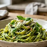 Un plat de pâtes fraîches, nappées d'une sauce pistou onctueuse, garnies de pignons de pin et de feuilles de basilic. Un délice !