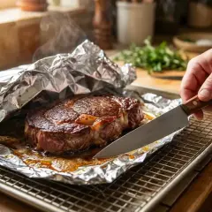 Un rumsteak juteux, enveloppé dans du papier aluminium, prêt pour un barbecue. La vapeur s'échappe, promettant une viande savoureuse.