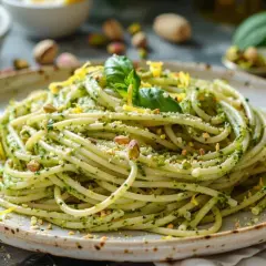 Spaghetti généreusement enrobés d'un pesto pistache vibrant, garni de pistaches concassées et d'une feuille de basilic frais.
