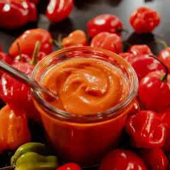 Un pot de sauce piquante maison, entouré de piments rouges et verts. Une cuillère est plongée dans la sauce, prête à être dégustée. Une recette de sauce piquante à essayer !