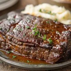 Un paleron de bœuf braisé, tendre et juteux, servi avec une purée de pommes de terre crémeuse et garni de thym frais. Un délice réconfortant.