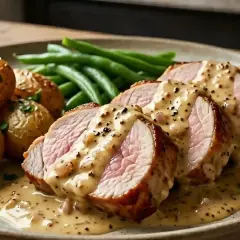 Tranches de filet mignon en sauce crémeuse, accompagnées de pommes de terre rôties et de haricots verts. Un plat savoureux.