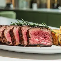 Un plat de côte de bœuf tranchée, saignante et garnie de romarin, accompagnée de pommes de terre rôties. Une recette côte de bœuf parfaite pour un repas d'exception.