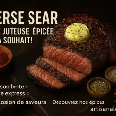 Un steak juteux, coupé en tranches, avec du beurre à l'ail et des épices. Le persillage de la viande est visible, promettant une explosion de saveurs.