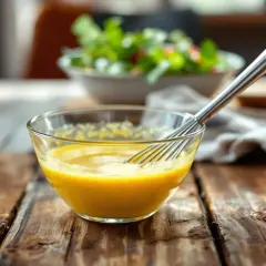 Un fouet mélange une vinaigrette dorée dans un bol en verre sur une table en bois rustique.