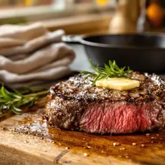 Un steak de bœuf juteux, parfaitement grillé au barbecue, avec une touche de beurre fondant et une branche de romarin sur une planche en bois.
