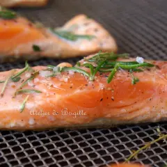 Filets de saumon sur une grille, assaisonnés de sel, poivre et romarin. Parfait pour une cuisson plancha à la bonne température.