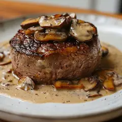Un délicieux filet mignon moutarde, nappé d'une sauce crémeuse aux champignons, sur une assiette blanche.