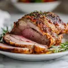 Un gigot d'agneau rôti, tranché et servi sur une assiette ornée de romarin frais. La viande est rosée et la croûte dorée et savoureuse.