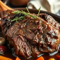 Un savoureux jarret de grillade, tendre et juteux, servi avec des carottes et des herbes aromatiques.