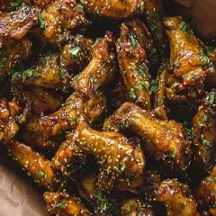Ailes de poulet caramélisées, saupoudrées de sésame et de persil. Parfaites pour le temps de cuisson ailes de poulet sur bbq.