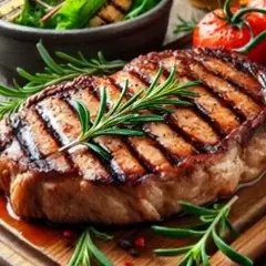 Un savoureux steak grillé, parfait pour une cuisson indirecte au barbecue, garni de romarin frais. Accompagné de tomates et d'une salade verte.