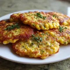 Une assiette de galettes de maïs dorées et garnies d'herbes fraîches. Un délice croustillant et savoureux.