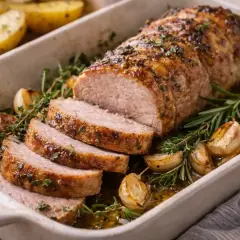 Filet mignon de porc rôti, tranché et servi avec des gousses d'ail confites et des herbes. Une recette parfaite pour un repas savoureux.
