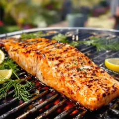 Un magnifique saumon entier au barbecue, grillé à la perfection, avec des quartiers de citron et de l'aneth.
