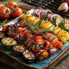 Brochettes de légumes grillés, tomates, courgettes, poivrons jaunes et oignons rouges, parfaits pour un brasero.