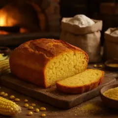 Un pain au maïs doré, coupé en tranche, est présenté avec des épis de maïs frais et de la farine. Un feu de cheminée réchauffe la scène.
