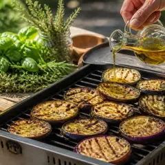 Tranches d'aubergine grillées sur un barbecue, arrosées d'huile d'olive. Herbes fraîches en arrière-plan.