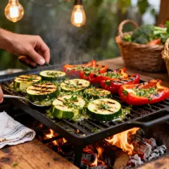 Courgettes et poivrons rouges grillés sur une plancha, un délicieux accompagnement plancha aux herbes fraîches.