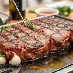 Succulent steaks grillés sur une plancha, avec romarin et ail. Une recette plancha parfaite pour un repas savoureux.