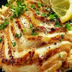 Un délicieux filet de poisson au barbecue, grillé à la perfection, servi sur un lit de couscous et garni de pousses fraîches et d'une tranche de citron.