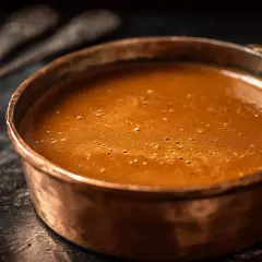 Une cuillère en argent repose à côté d'une casserole en cuivre remplie d'une sauce américaine onctueuse et mousseuse, prête à être dégustée.