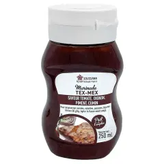 Bouteille de marinade Tex-Mex Soussana, saveur tomate, oignon, piment et cumin. Idéale pour assaisonner viandes, volailles, poissons et légumes.