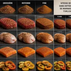 Différents aliments (viande, volaille, poisson, légumes) marinés avec un mélange 4 épices de mouture fine, moyenne ou grossière, montrant la diffusion de la marinade.
