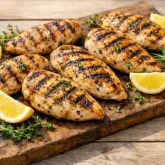 Poitrines de poulet grillées, garnies d'herbes et de quartiers de citron. La meilleure marinade poulet citron pour un repas savoureux.