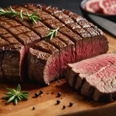 Un succulent pavé de boeuf, grillé à la perfection, est coupé en tranches sur une planche en bois, garni de romarin et de grains de poivre.