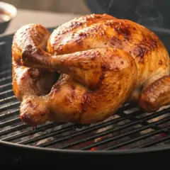 Un poulet au barbecue doré et juteux cuit sur un gril, dégageant une vapeur appétissante.
