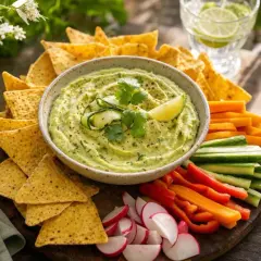 Un délicieux guacamole de courgettes, servi avec des tortillas et des crudités colorées. Parfait pour un apéritif frais et sain.