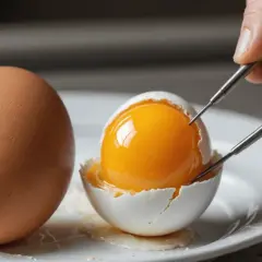Un œuf fumé, à la coquille craquelée, révèle un jaune d'une richesse éclatante. Une main utilise des pinces pour le manipuler délicatement.
