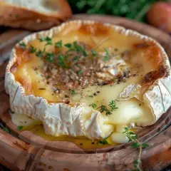 Un camembert au feu de bois, fondant et doré, garni de thym et de pain grillé à proximité.