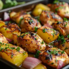 Poulet et pommes de terre grenaille au barbecue, parsemés de persil frais. Un plat savoureux prêt à être dégusté.