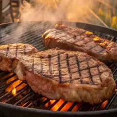 Deux picanhas de boeuf grillent sur un barbecue, dégageant une fumée appétissante. Les marques de grill sont parfaites.