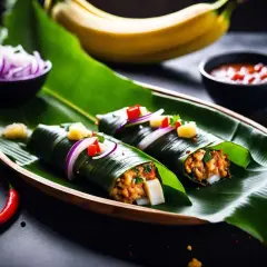 Deux rouleaux de riz et légumes, enveloppés dans une feuille de bananier, prêts pour la cuisson au barbecue. Garnis d'oignons rouges et de piments.