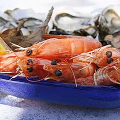 Gambas barbecue sur un plat bleu, avec des huîtres et un quartier de citron en arrière-plan. Un délice de fruits de mer prêt à être dégusté.