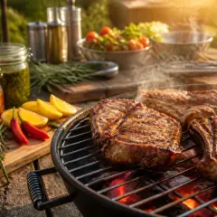 Des morceaux de lard juteux grésillent sur le barbecue, accompagnés d'ail, de piments et de citrons. Une scène parfaite pour un barbecue d'été.