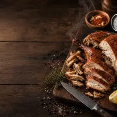 Un délicieux poulet fumé, coupé en tranches, prêt à être dégusté. Une recette savoureuse avec des herbes et des citrons.