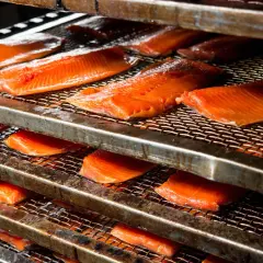 Filets de saumon orangés disposés sur des grilles métalliques, prêts pour un fumage à froid.