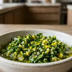Un bol de gremolata fraîche, mélange de persil, ail et zeste de citron, prêt pour une recette savoureuse.