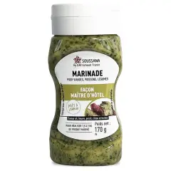 Bouteille de marinade Maître d'Hôtel prête à l'emploi, saveur ail, beurre, persil, citron et herbes. Idéale pour viandes, poissons et légumes.