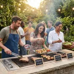 Un groupe d'amis profite d'un barbecue en plein air. Des steaks, du poulet et des brochettes cuisent sur le grill, tandis que d'autres préparent une salade. L'ambiance est festive, avec des guirlandes lumineuses et de la verdure.