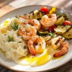 Une assiette appétissante d'entrée avec gambas grillées, purée de pommes de terre crémeuse et légumes rôtis.