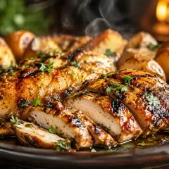 Poulet grillé, parfumé par une marinade savoureuse, servi avec des pommes de terre rôties et des quartiers de citron. Un délice qui évoque la brochette poulet parfaite.