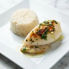 Délicieuse seiche à la plancha, servie avec du riz blanc et garnie d'herbes fraîches et d'ail.